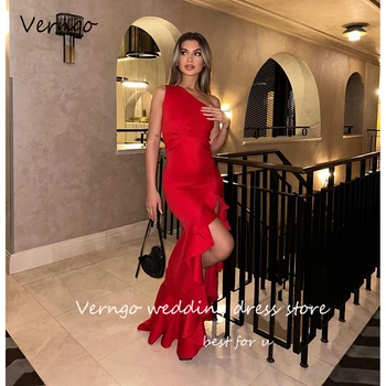 Verngo 2023 Красные вечерние платья из атласа русалки с оборками на одно плечо с разрезом для Саудовской Арабской Леди, длинные вечерние платья для выпускного вечера