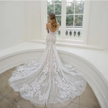 2023 Женское свадебное платье Mermaid на тонких бретелях, свадебное платье без спинки из тюля для женщин, Vestidos De Noiva