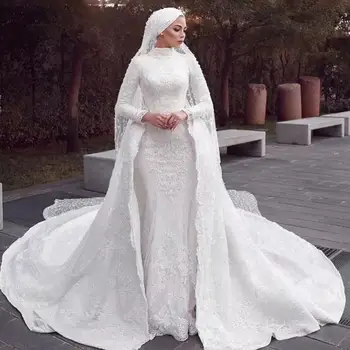 Мусульманское свадебное платье-футляр с высоким воротом и длинным рукавом, Кружевное Свадебное платье-хиджаб со съемным шлейфом 2024