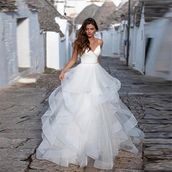 Современное свадебное платье из тюля с V-образным вырезом на тонких бретельках, свадебные платья А-силуэта с блестками, многоуровневые платья для невест с открытой спиной, Vestido De Noiva