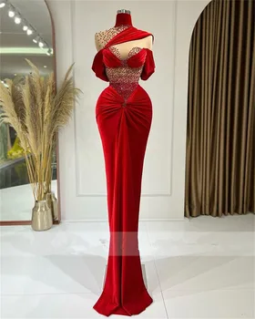 2023 Роскошный жемчуг, красное вечернее платье русалки из Дубая, бархатное платье с высоким вырезом и открытыми плечами, платье для дня рождения, свадьбы, выпускного вечера, халат