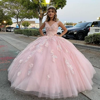 Розовое бальное платье Angelsbridep Princess с V-образным вырезом, 15-летнее платье для молодых, пышные платья С аппликацией, вечернее платье для вечеринки
