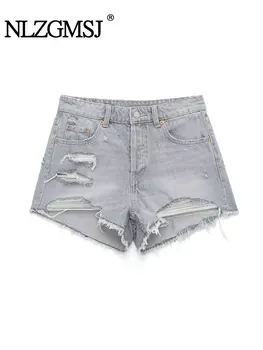 Женские потертые джинсовые шорты Nlzgmsj TRAF 2023 Летние женские джинсовые шорты с высокой талией на молнии с карманами внизу