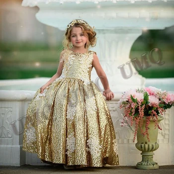 Блестящее платье с золотыми блестками для девочки в цветочек, жемчуг, аппликации на День рождения Алины, Свадебная вечеринка, Изготовленная на заказ, Первое причастие