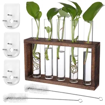 Террариум Гидропонные вазы для растений, кашпо из прозрачного стекла, пробирки с деревянной подставкой, украшение для подвешивания на стену
