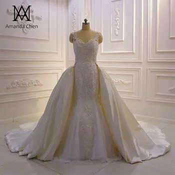 Свадебное платье robe de mariee 2023 с кружевной аппликацией и жемчугом на рукавах, со съемным шлейфом