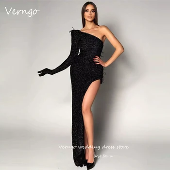 Verngo Блестящие Черные вечерние платья Русалки на одно плечо с длинным рукавом, женские блестящие платья для выпускного вечера в Дубае, официальная вечеринка