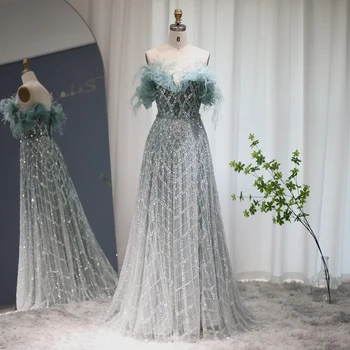 Шарон Саид, роскошные вечерние платья с зелеными перьями, Дубай 2023, Элегантное длинное вечернее платье с открытыми плечами для женщин, Свадебная вечеринка S303