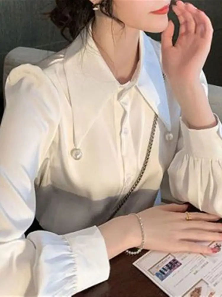 Женские шифоновые рубашки, белая блузка с отложным воротником, сексуальные повседневные блузки в корейском стиле с длинным рукавом, женские офисные блузки-клеши с вышивкой 0