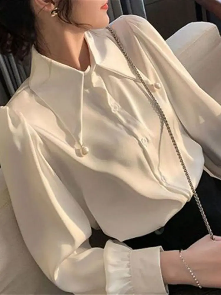 Женские шифоновые рубашки, белая блузка с отложным воротником, сексуальные повседневные блузки в корейском стиле с длинным рукавом, женские офисные блузки-клеши с вышивкой 1
