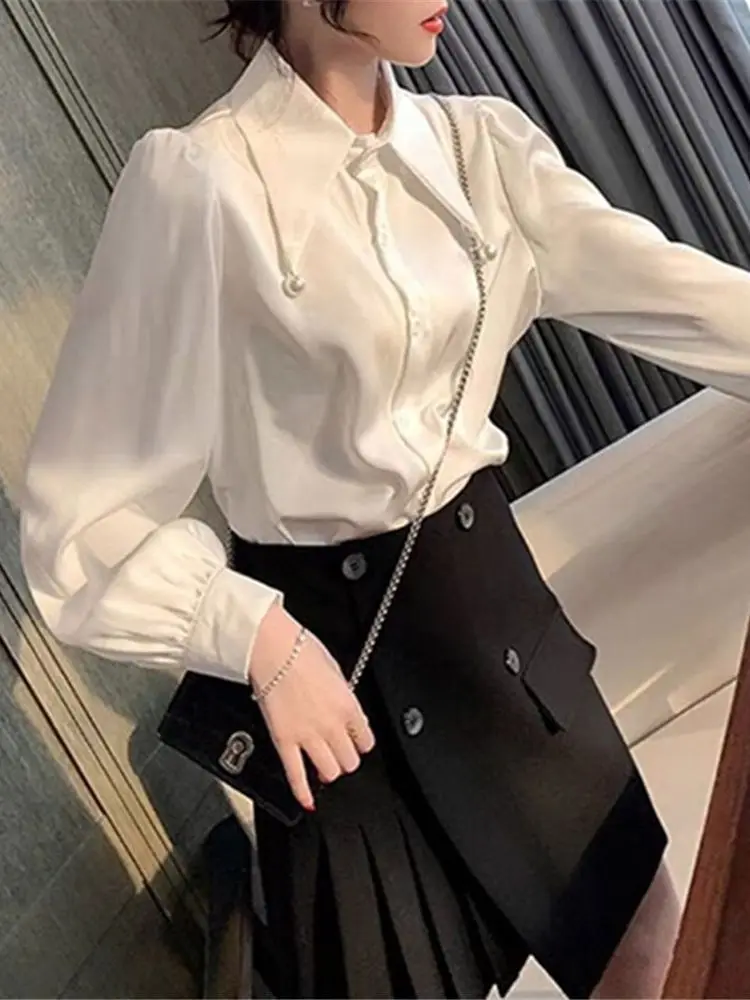 Женские шифоновые рубашки, белая блузка с отложным воротником, сексуальные повседневные блузки в корейском стиле с длинным рукавом, женские офисные блузки-клеши с вышивкой 3