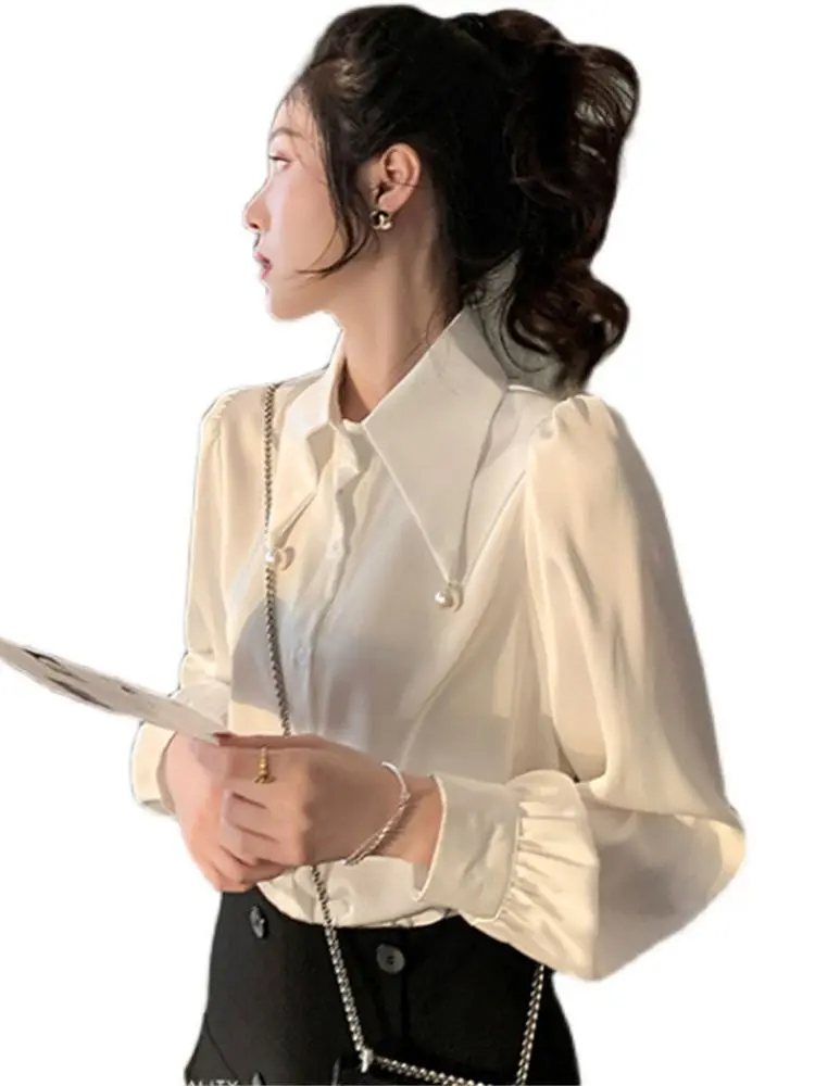 Женские шифоновые рубашки, белая блузка с отложным воротником, сексуальные повседневные блузки в корейском стиле с длинным рукавом, женские офисные блузки-клеши с вышивкой 4