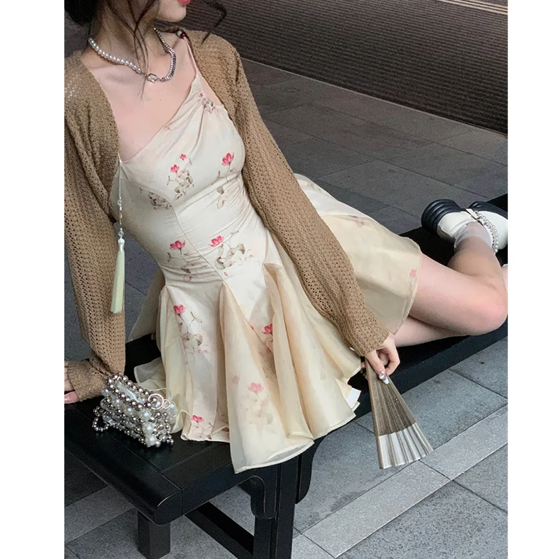 Женское платье, короткая юбка абрикосового цвета, летняя новинка, модное платье в китайском стиле с подтяжками, женское дизайнерское платье, бальное платье, короткая юбка 4