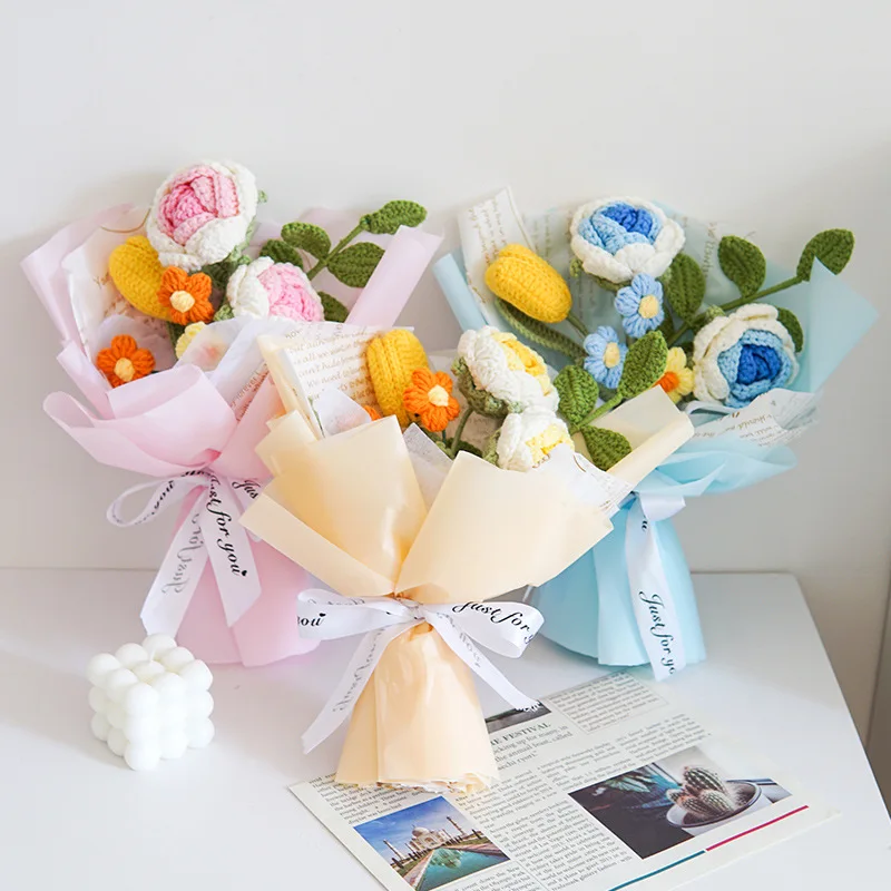 Искусственные цветы, имитация пряжи ручной вязки, Комбинированный букет, Готовые Аксессуары для украшения обеденного стола на день рождения 1