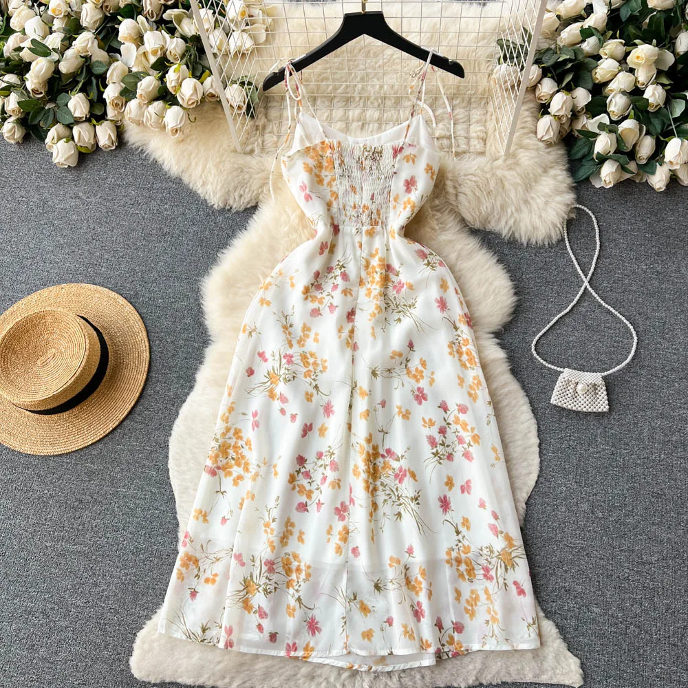 Милое платье-комбинация с цветочным принтом, платье трапециевидной формы с открытыми плечами, шикарное летнее Корейское модное пляжное платье, женский сарафан для отпуска 3