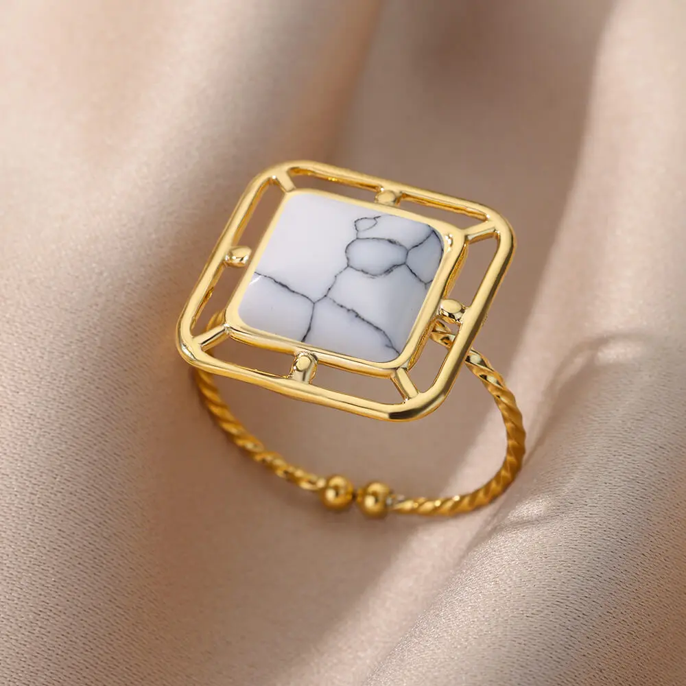 Модные квадратные кольца с опалом Для женщин из нержавеющей стали золотого цвета, открытое нерегулярное регулируемое кольцо, тренд 2023, эстетические украшения, Лучшая бижутерия 0