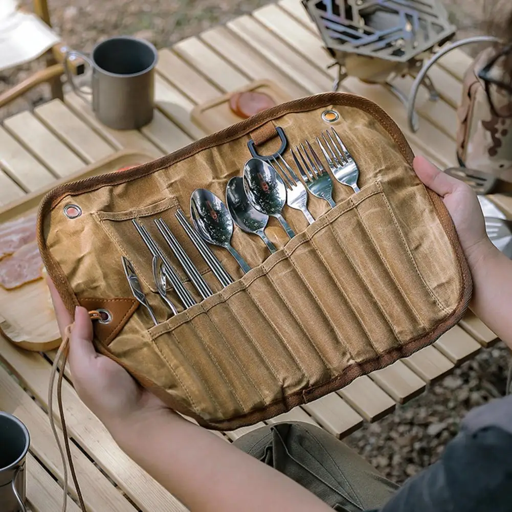 Набор столовых приборов Сумка рулонного типа с несколькими слотами, складной вощеный холст, сумка для хранения посуды для пикника, походные принадлежности 4