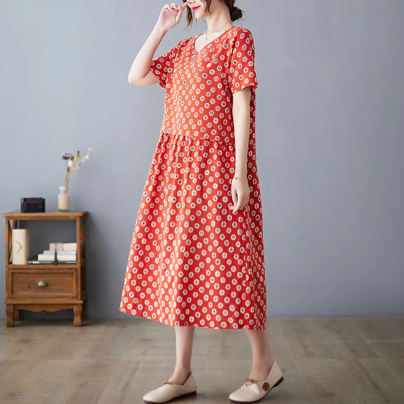 Новое поступление 2022 года, Мягкое уютное Свободное летнее платье с цветочным принтом, Офисное женское рабочее платье, женское повседневное красное платье миди для путешествий 3