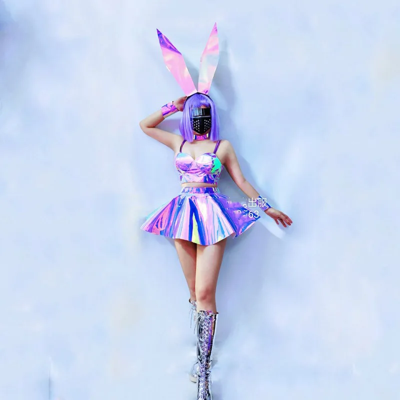 Певица ночного клуба GOGO Dancer Головной убор с кроликом Фиолетовое Лазерное платье Для танцев на шесте, Топы, Юбка, Фестивальный Рейв-наряд DWY8498 1