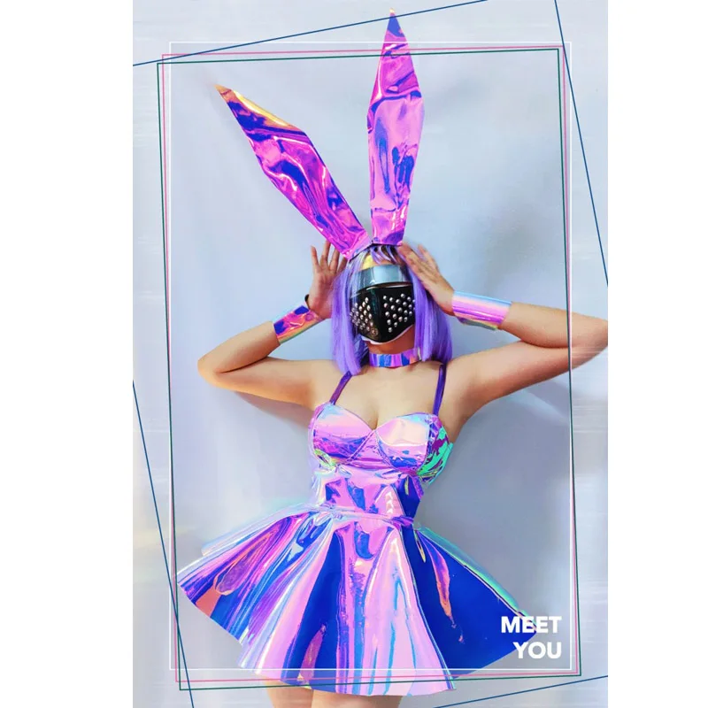 Певица ночного клуба GOGO Dancer Головной убор с кроликом Фиолетовое Лазерное платье Для танцев на шесте, Топы, Юбка, Фестивальный Рейв-наряд DWY8498 2