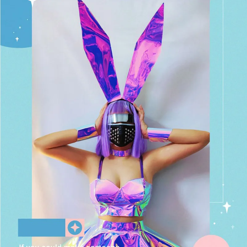 Певица ночного клуба GOGO Dancer Головной убор с кроликом Фиолетовое Лазерное платье Для танцев на шесте, Топы, Юбка, Фестивальный Рейв-наряд DWY8498 3