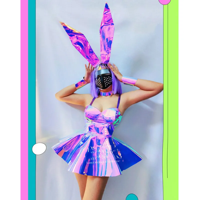Певица ночного клуба GOGO Dancer Головной убор с кроликом Фиолетовое Лазерное платье Для танцев на шесте, Топы, Юбка, Фестивальный Рейв-наряд DWY8498 4