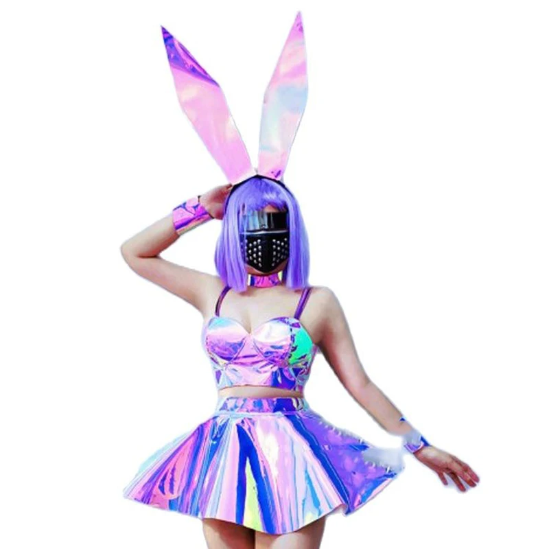 Певица ночного клуба GOGO Dancer Головной убор с кроликом Фиолетовое Лазерное платье Для танцев на шесте, Топы, Юбка, Фестивальный Рейв-наряд DWY8498 5