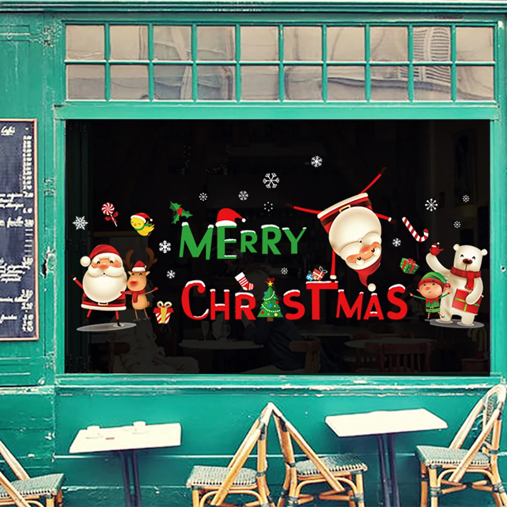 Санта-Клаус тянет поезд, Рождественская наклейка на стену для стеклянного окна, украшение дома, настенные наклейки, обои, Новогодние наклейки 0