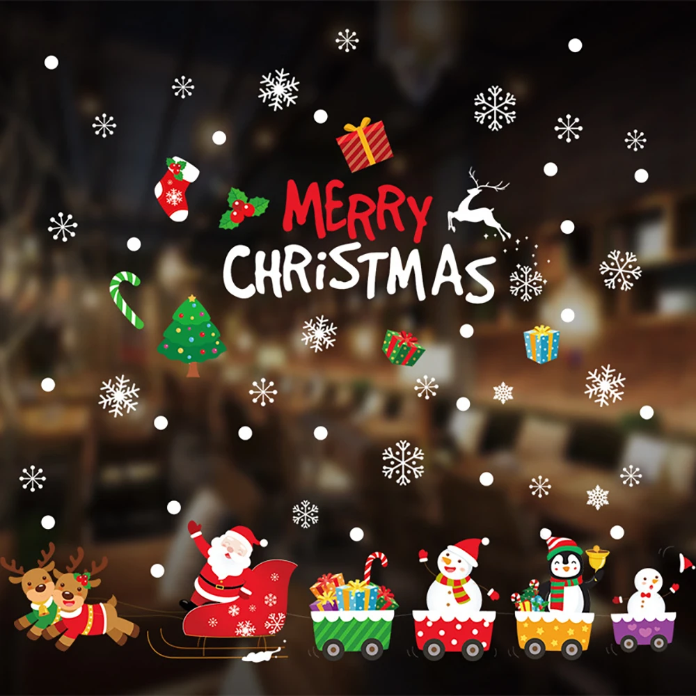 Санта-Клаус тянет поезд, Рождественская наклейка на стену для стеклянного окна, украшение дома, настенные наклейки, обои, Новогодние наклейки 2