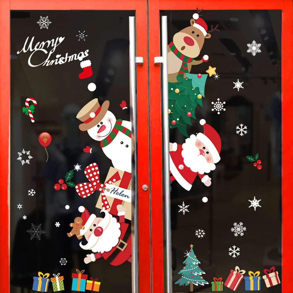 Санта-Клаус тянет поезд, Рождественская наклейка на стену для стеклянного окна, украшение дома, настенные наклейки, обои, Новогодние наклейки 3