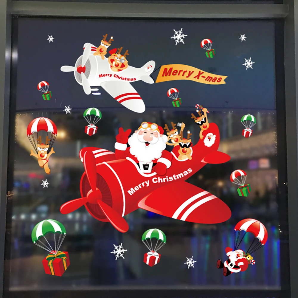 Санта-Клаус тянет поезд, Рождественская наклейка на стену для стеклянного окна, украшение дома, настенные наклейки, обои, Новогодние наклейки 4