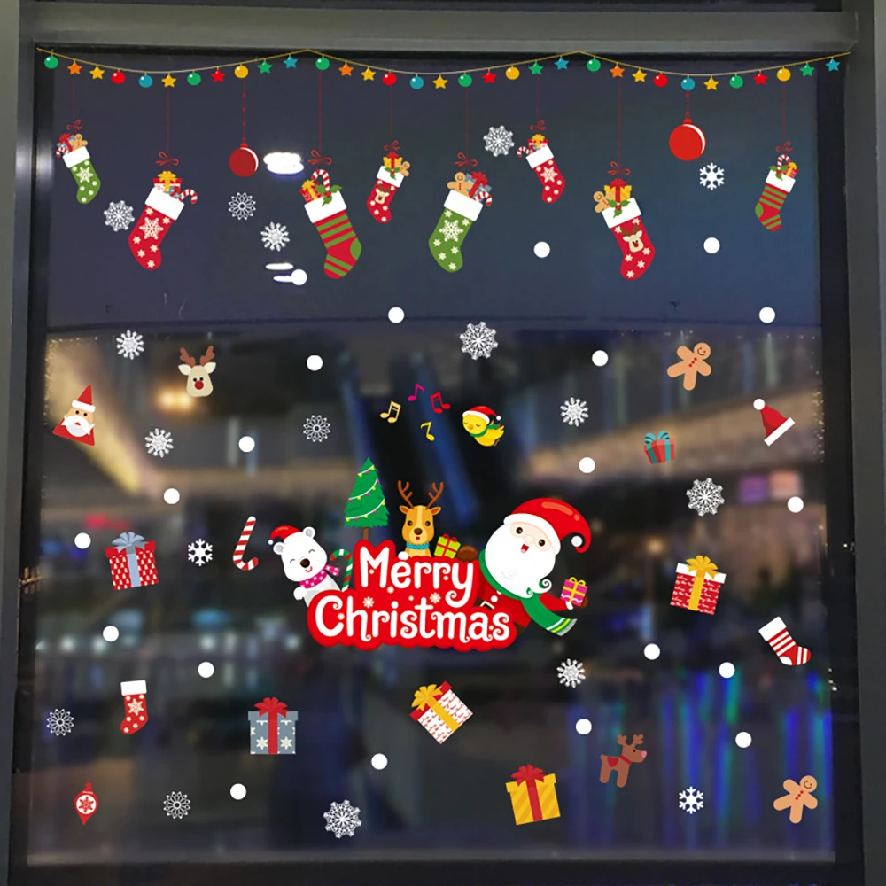 Санта-Клаус тянет поезд, Рождественская наклейка на стену для стеклянного окна, украшение дома, настенные наклейки, обои, Новогодние наклейки 5