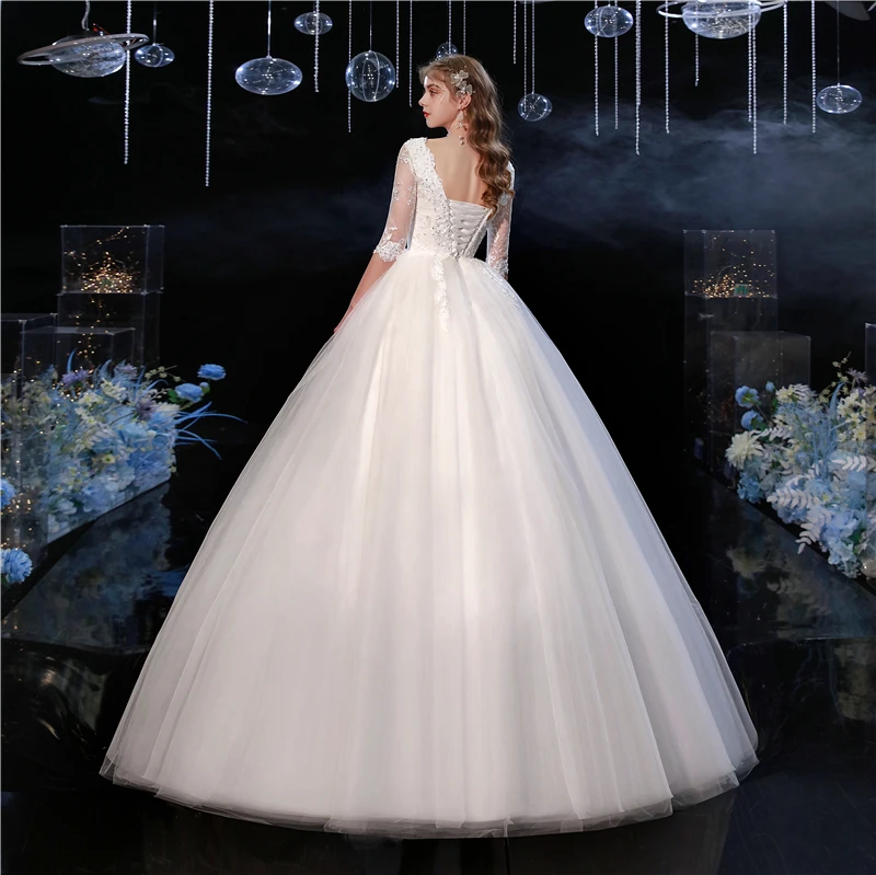 Свадебное платье Y & M Novias Sweet, новейшее кружевное платье с V-образным вырезом и коротким рукавом, с кружевной спинкой, свадебное платье для невесты, реальное фото 1
