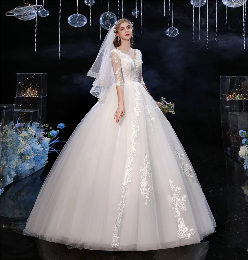 Свадебное платье Y & M Novias Sweet, новейшее кружевное платье с V-образным вырезом и коротким рукавом, с кружевной спинкой, свадебное платье для невесты, реальное фото 2