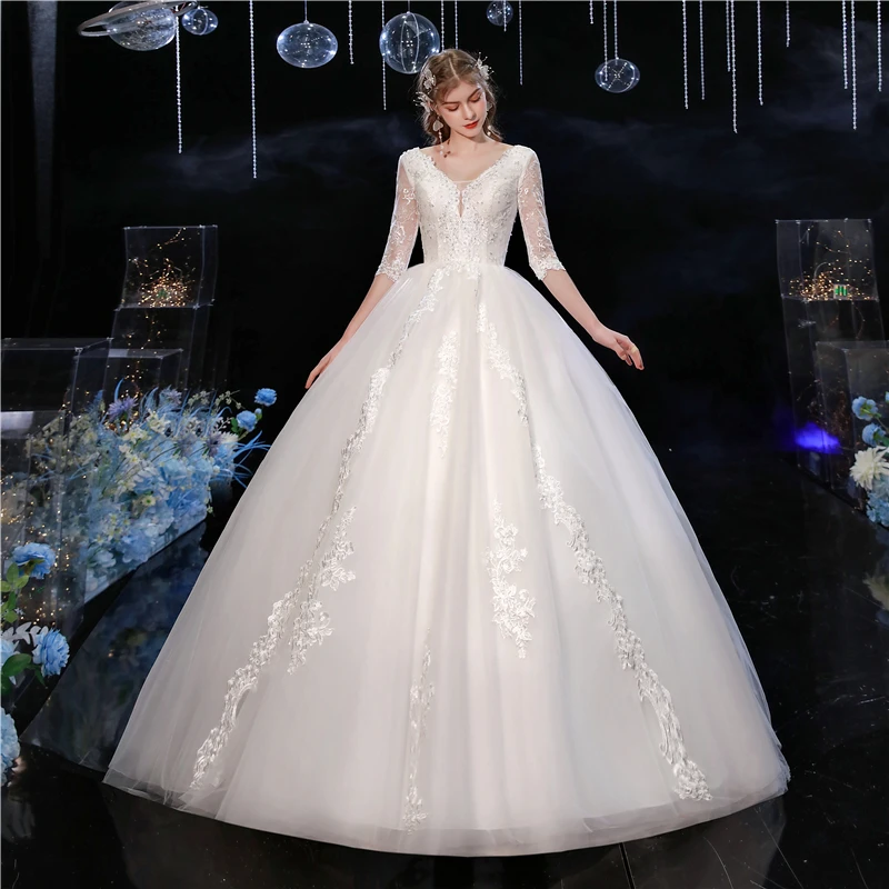 Свадебное платье Y & M Novias Sweet, новейшее кружевное платье с V-образным вырезом и коротким рукавом, с кружевной спинкой, свадебное платье для невесты, реальное фото 3
