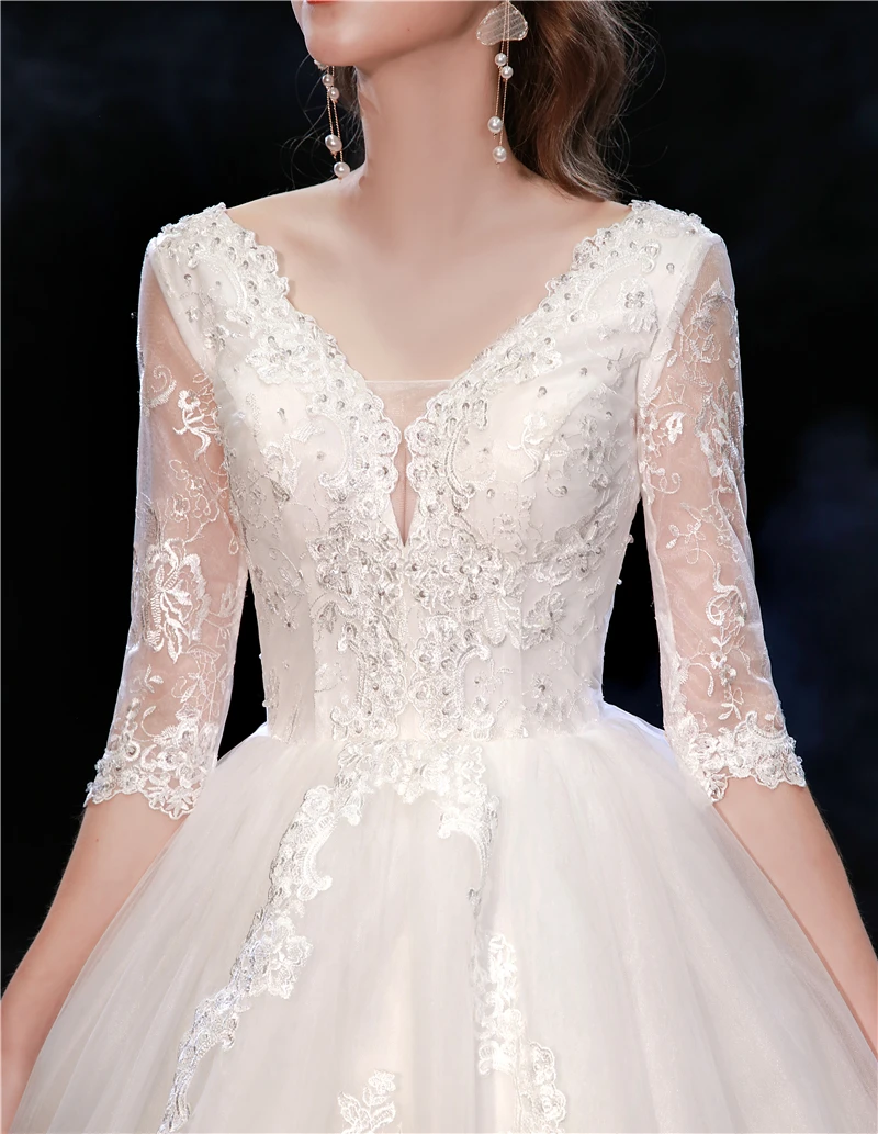 Свадебное платье Y & M Novias Sweet, новейшее кружевное платье с V-образным вырезом и коротким рукавом, с кружевной спинкой, свадебное платье для невесты, реальное фото 4