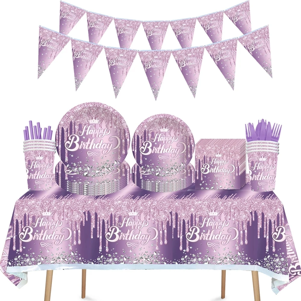 Фиолетовая бриллиантовая корона тема с Днем Рождения Одноразовая посуда Салфетки Тарелки Чашки баннерные шарики украшение свадьбы для взрослых 0
