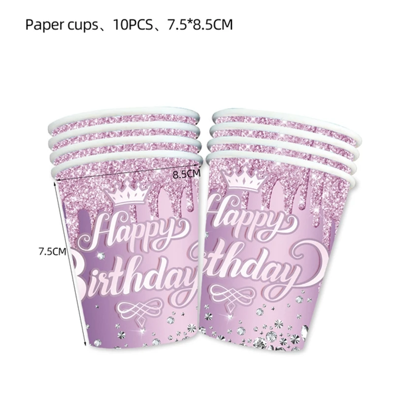 Фиолетовая бриллиантовая корона тема с Днем Рождения Одноразовая посуда Салфетки Тарелки Чашки баннерные шарики украшение свадьбы для взрослых 4