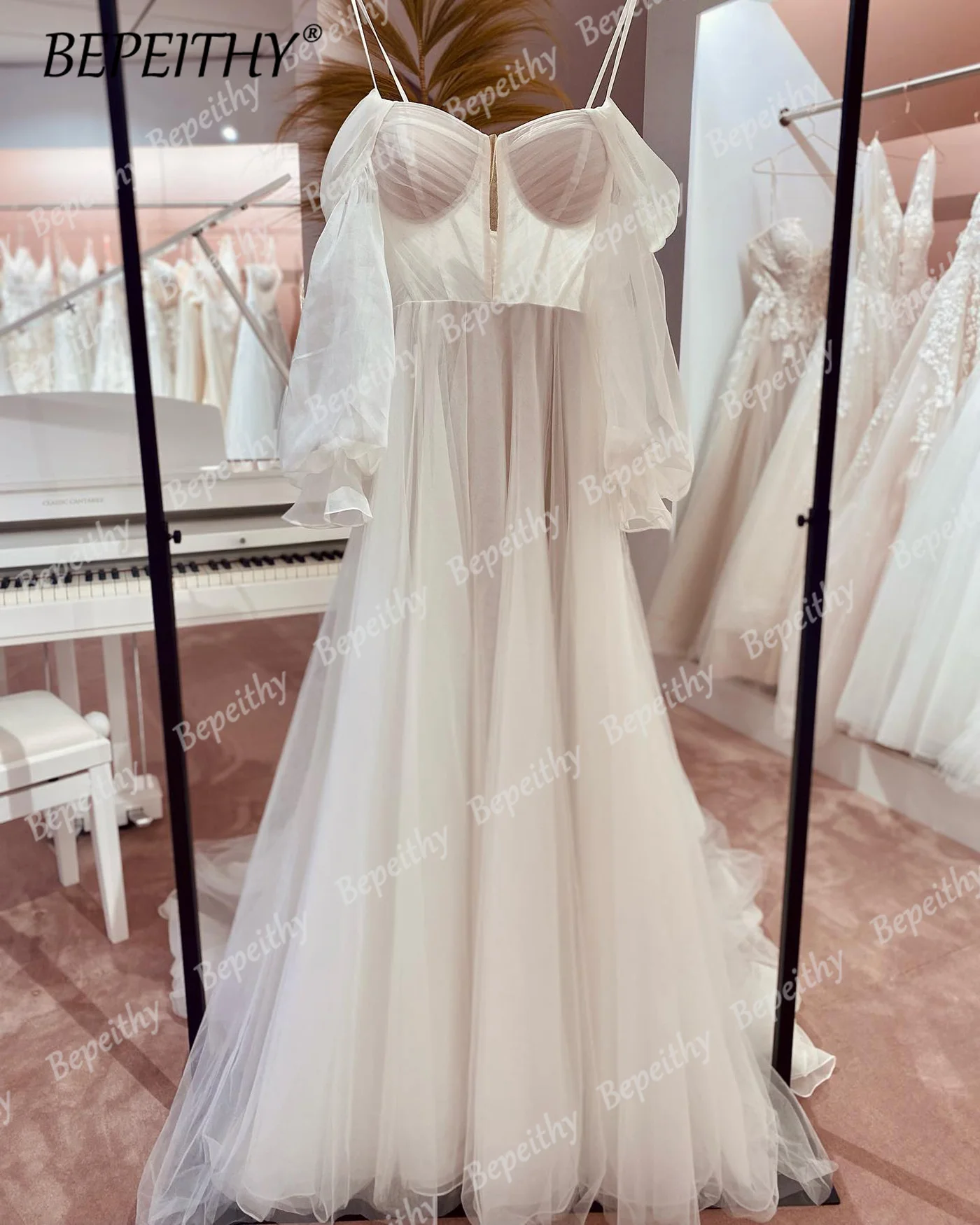 Элегантный вырез в виде сердечка, тюль с длинными рукавами, Свадебные платья с открытыми плечами, Свадебные платья трапециевидной формы, современное простое свадебное платье 2