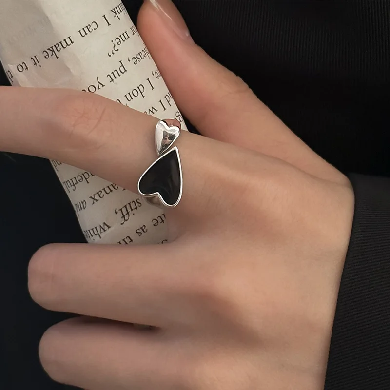 Эстетика Дизайн Регулируемые кольца серебряного цвета Женская мода Элегантные Винтажные Черные украшения в форме сердца для девочек на День рождения 2