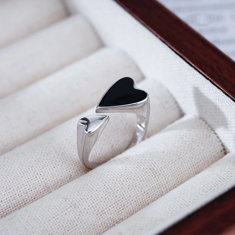 Эстетика Дизайн Регулируемые кольца серебряного цвета Женская мода Элегантные Винтажные Черные украшения в форме сердца для девочек на День рождения 5